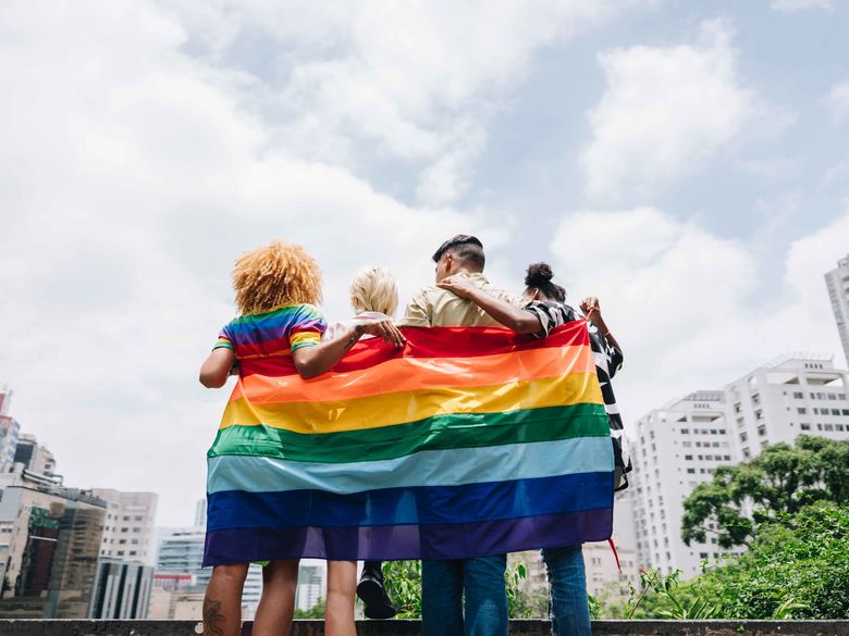 students holding a pride flag facing a city landscape