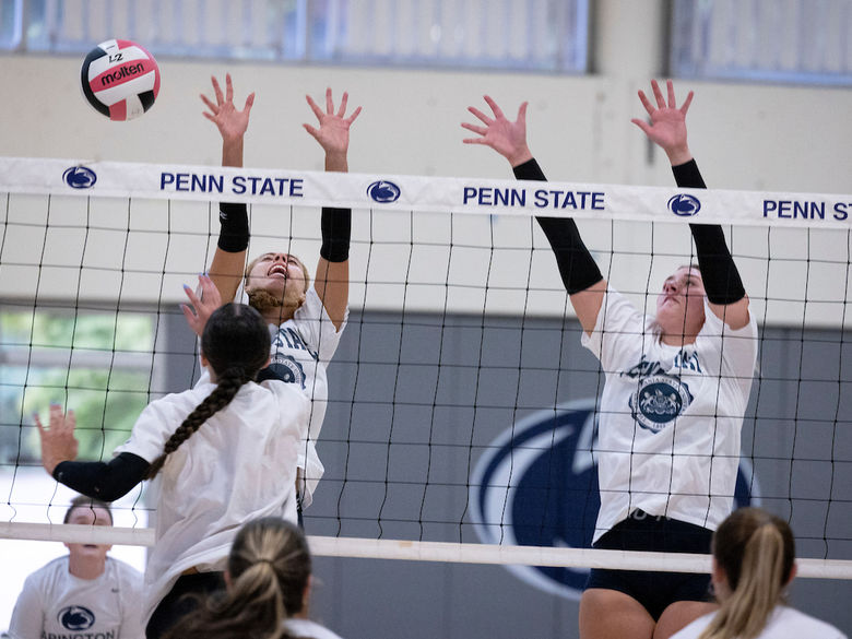 women's volleyball- two women blocking the ball at the net