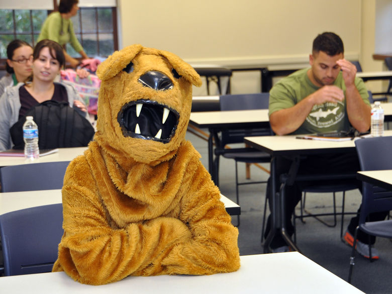 Nittany lion sitting in classroom 