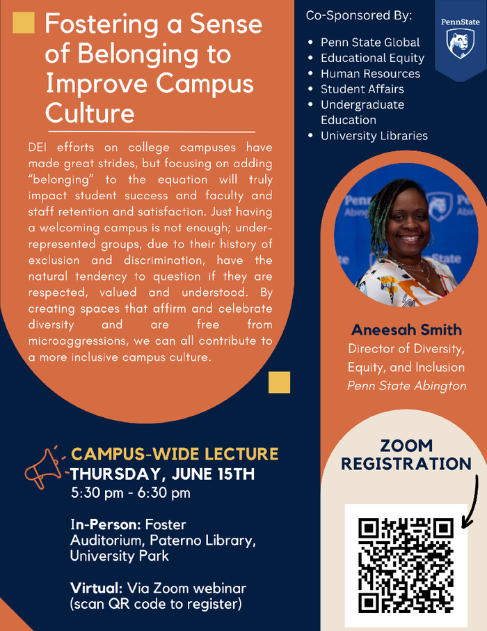 A flyer laying out information about a lecture on the University Park campus. More information can be found in the Penn State News article titled, "Aneesah Smith to give lecture at University Park."
