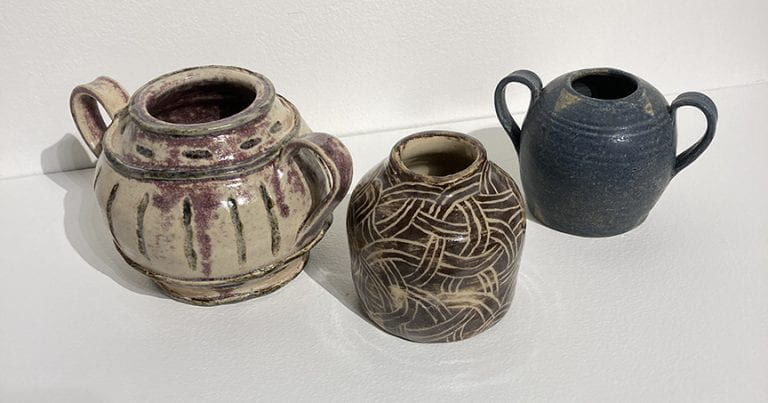 3 ceramic pots Left to Right: Ancient Pot, Sgraffito Pot, Blue Pot