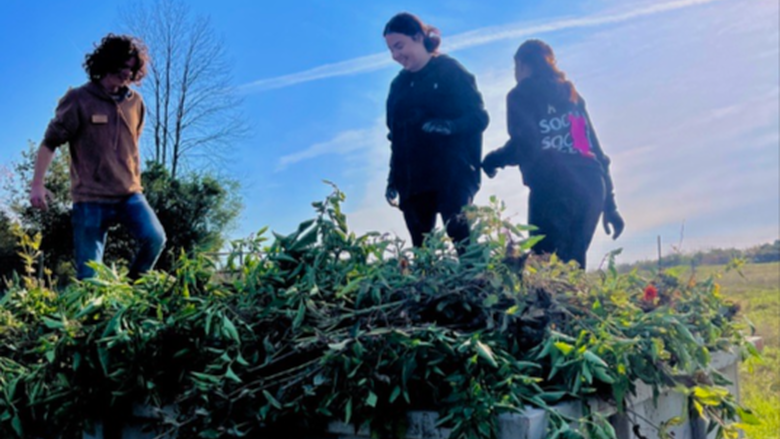 Three students in a dumpster with plants