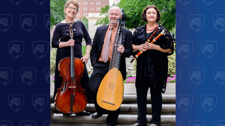 Woman, man, and a woman holding musical instruments