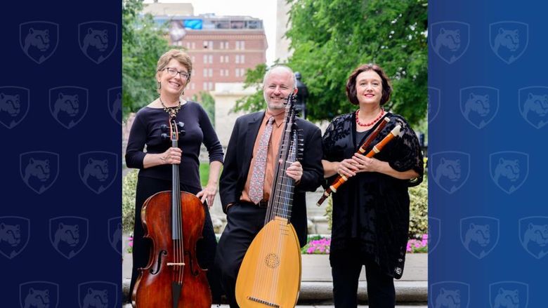 Woman, man, and a woman holding musical instruments