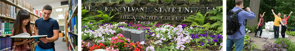 Penn State Abington Sign, Students at Lion Shrine, and Students in Library